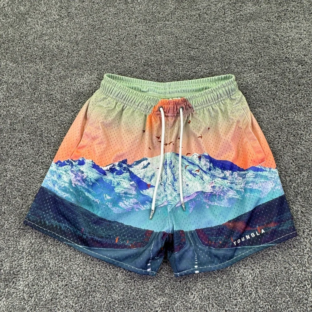 YOUNGLA Shorts Mens S Multicolor Graphic Mesh Athletic Gym